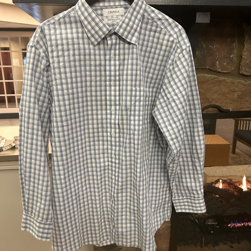 Daniel Cremieux White and Blue Checkered Men's Shirt 100% Pima cotton 17 1/2 /35